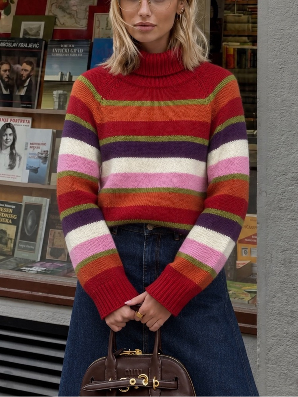 Retro Preppy Colorblock Striped Turtleneck Sweater Cozy Fall Y2K